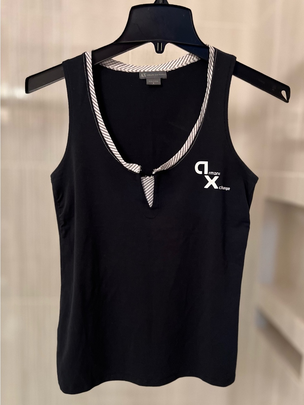 Armani Exchange Black Striped Trim Notch Neck Tank Top